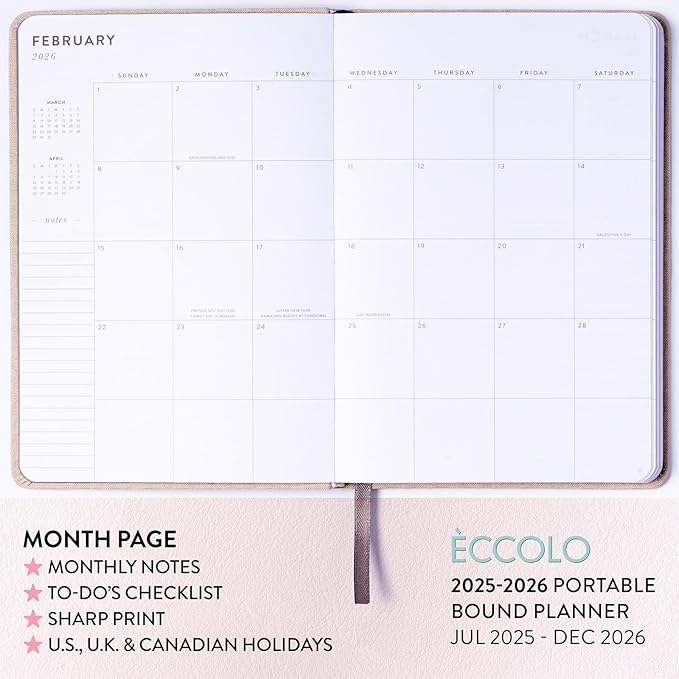 2025-2026 Eccolo 18 Month Linen Bound Planner, Monthly & Weekly Pages (5.25 x 7.75" - July 2025 to Dec 2026 - Delicate Floral)