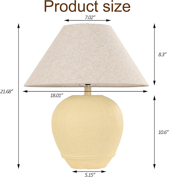 Pia Ricco 21'' Large Cream Base Ceramic Basin Table Lamp for Bedroom, Living Room, Dining Room, Office, Beige Shade