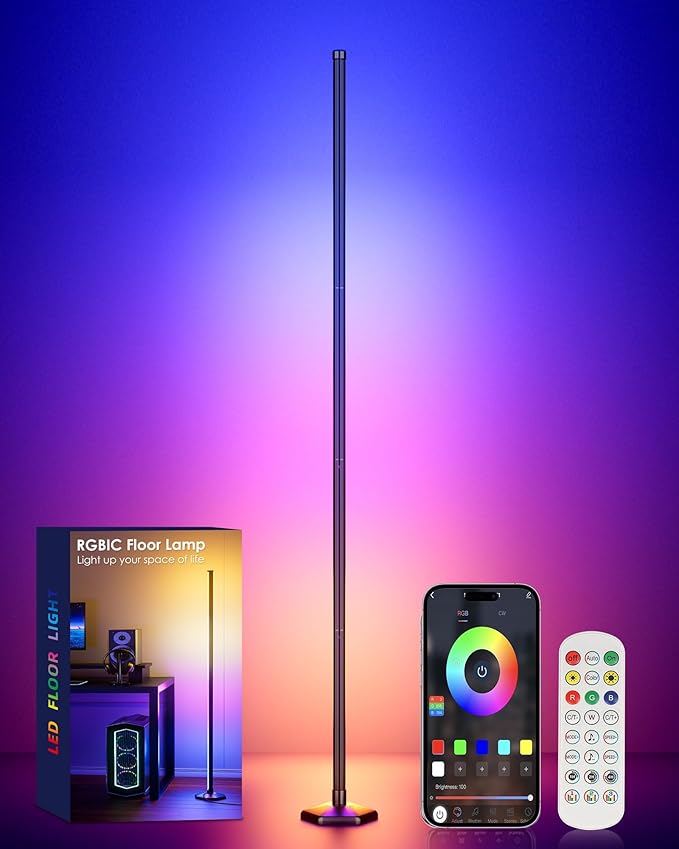RGB+W Corner Floor Lamp, 65" Color Changing 24V LED Floor Lamp with Cool White Bluetooth APP Remote Control Music Sync Modern Stand Lamp 16 Million DIY Colors for Living Room Bedroom