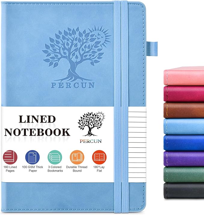 PERCUN Lined Journal Notebook for Men & Women, 160 Pages College Ruled Journal for Writing, A5 Hardcover Leather Notebooks for Work, School, Business, Travel, Daily Diary 5.9" x 8.5" - Blue