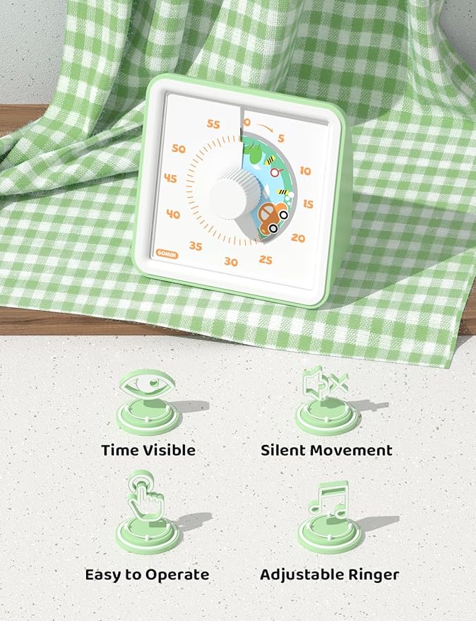 LIORQUE 60 Minute Visual Timer for Kids, Visual Countdown Timer for Classroom Office Kitchen with 'Car' Pattern Design, Pomodoro Timer with Silent Operation (Batteries Included)