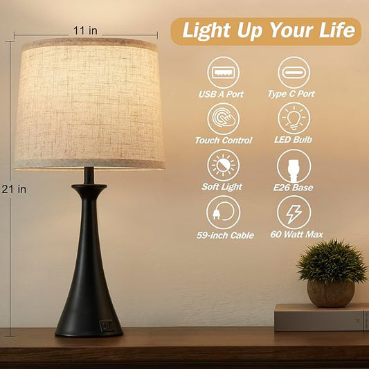 Touch Table Lamp for Living Room Bedroom, 21" Table Lamps Set of 2 with USB C+A Ports, Touch Bedside Lamps for Nightstand with 3 Way Dimmable, 2 LED Bulbs Included, Black