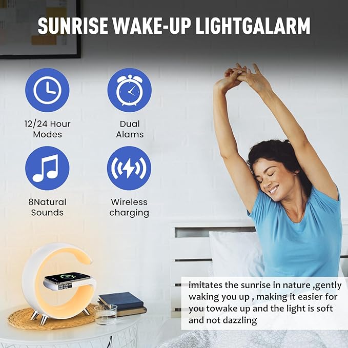 Smart LED Table Lamp, 4-in-1 Wireless Charger, Night Light, Alarm Clock, and Bluetooth Speaker with App Control for Bedroom, Office, and Home Decor (White)