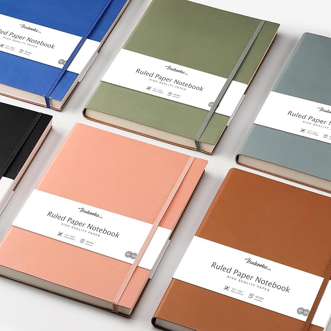 HIUKOOKA College Ruled/Lined Notebook- 320 Pages A4 Softcover Large Journal, 8.5''×11'', 100GSM Thick Paper, Faux Leather, Inner Pocket - Pink