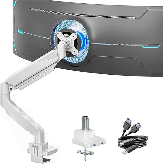 ARES WING Single Monitor Arm, Heavy Duty Adjustable Monitor Arm for 13"-49" Screens with USB, Gas Spring Desk Mount Stand with C Clamp/Grommet Mounting Base up to 40lbs Computer, White