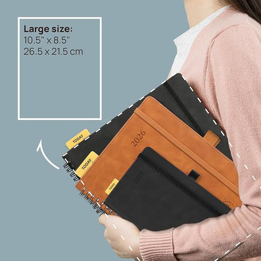 POPRUN 2026 Planner Weekly Notebook Calendar (Jan-Dec), Large Size 8.5'' x 10.5'' - Agenda 2026 Appointment Book with Monthly Tabs, Inner Pocket, Spiral Soft Cover, 100 GSM - Brown