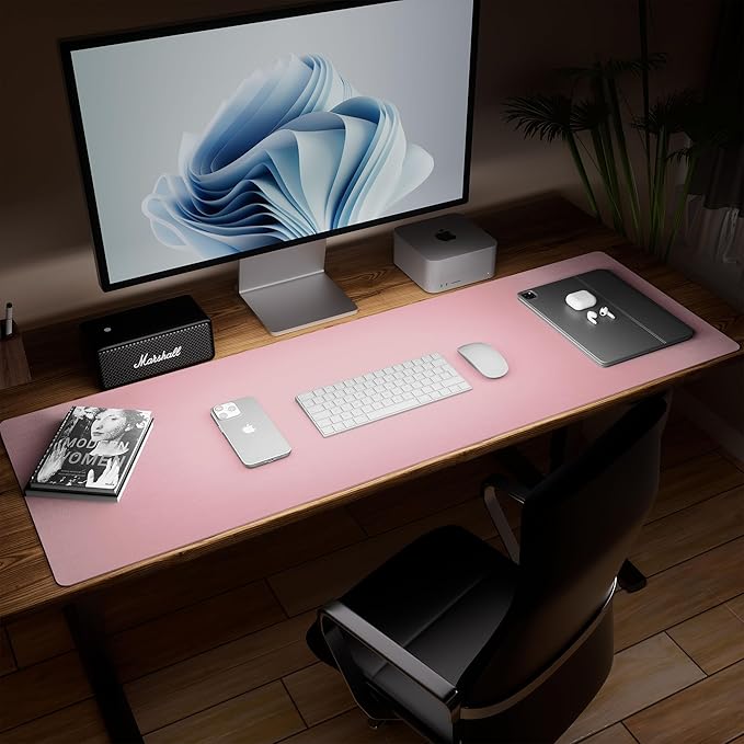Aothia Leather Desk Pad Protector, Office Desk Mat, Large Mouse Pad, Laptop Desk Pad, Non-Slip PU Leather Desk Blotter, Waterproof Desk Writing Pad for Office and Home (Pink, 47" x 17")