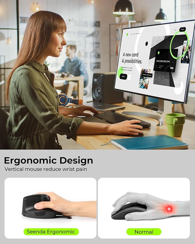 seenda Ergonomic Mouse Rechargeable, 2.4G USB & Type C Vertical Wireless Ergo Mouse with Instant Desktop Return Key, Quiet Click, Palm Rest, Anti-Slip Optical Mice for Mac OS, Windows PC Laptops