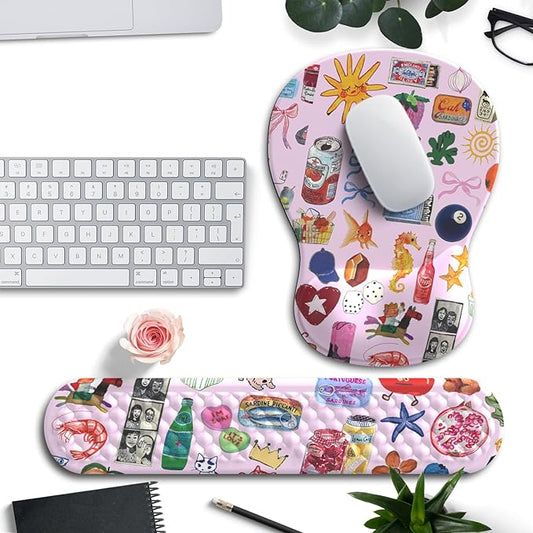 Cute Mousepad with Wrist Rest for Computer Keyboard Mouse Pad Ergonomic Pink Kawaii Mousepad, Best Desk Decor Office Girls Pink Desk 2-in-1 Wrist Support Mouse Pad, Soft Gel Material Anti Slip Bottom