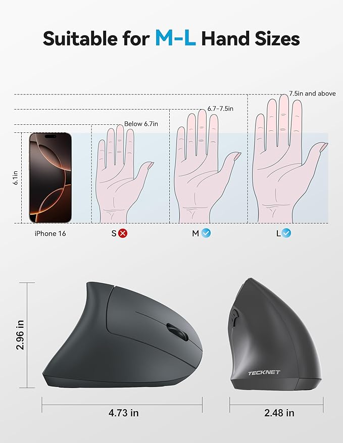 TECKNET Ergonomic Mouse, Rechargeable 2.4G+Bluetooth Vertical Mice 6 DPI Adjustable, Wireless Optical Carpal Tunnel Mouse for Right Hand, Silent 6 Buttons for Laptop, PC, MacBook, iPad - Grey