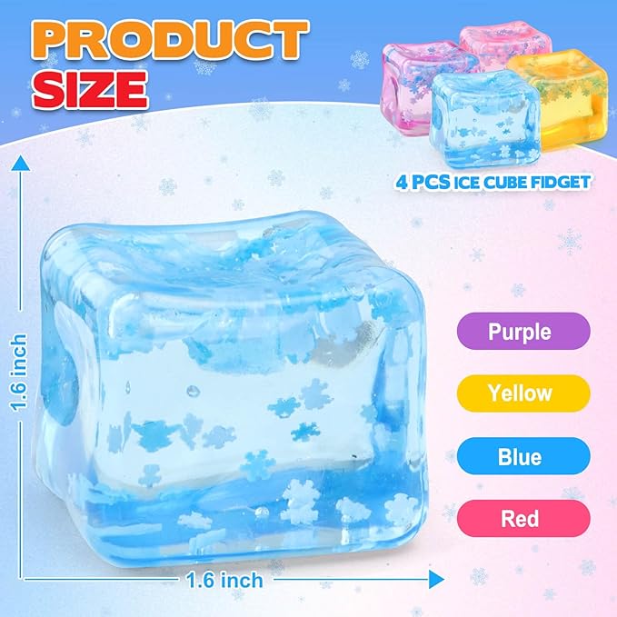 Ice Cube Fidget Toy for All Ages: 4 Pcs Sensory Squishy Fidget Toys, Square Stress Balls, Classroom Prizes, Anxiety Relief Stress Cube Gift for Kids Teens Adults