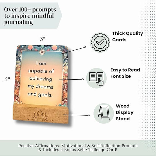 Mindful Moments Daily Affirmation Cards for Women, 106 Positive Inspirational Messages & Self Reflection Journal Prompts, Meditation Cards with Display Stand, Gifts for Her