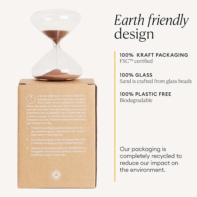 Intelligent Change Mindful Focus 5-Minute Hourglass Sand Timer, Desk Timer for Productivity and Time Management, Minimalist Hourglass Timer, Decorative Gifts, 3.3 (L) x 2.9 (W) inches