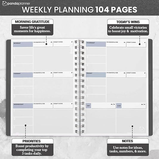 Panda Planner 2025-2026 Undated Weekly Planner – Spiral Bound 5.75" x 8.25" with 52 Weeks, Habit Tracker & Weekly To-Do Lists – Productivity Planner & Academic Organizer for Home, Office & School (Black)