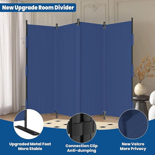 Room Divider, 4 Panel Upgraded Folding Privacy Screen, 88” Highly Secretive Separation with 3 Metal Feet, Partition Screen, Lightweight Freestanding Wall Divider Bedroom (Blue)