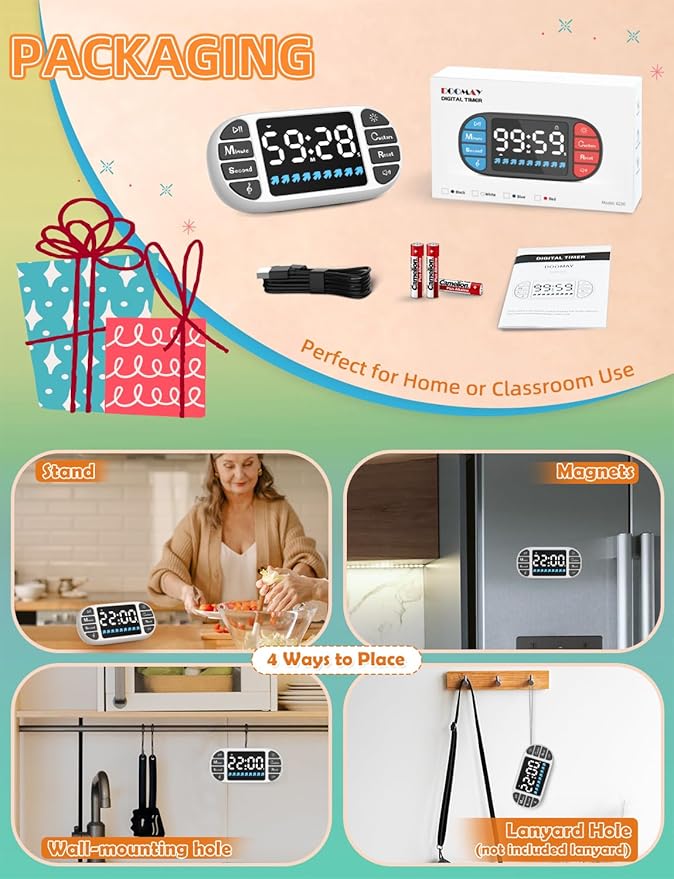 DOOMAY Digital Kitchen Visual Timer: 3.6'' Large LED Display, Magnetic, 3 Brightness, 4 Alarms and Volume, Memory Function, Countdown Count up for Cooking, Classroom, Home Gym, AAA Battery Included