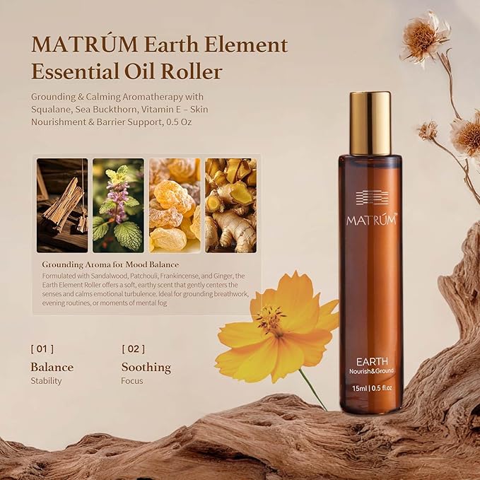 Anxiety Ease Essential Oil Blend Roller Nourish and Ground | Earth Element | Patchouli, Frankincense, Cardamomum Leaf, Vetiveria Zizanioides Root, Sandalwood Oil, Aromatherapy Oil 0.5 Fl Oz