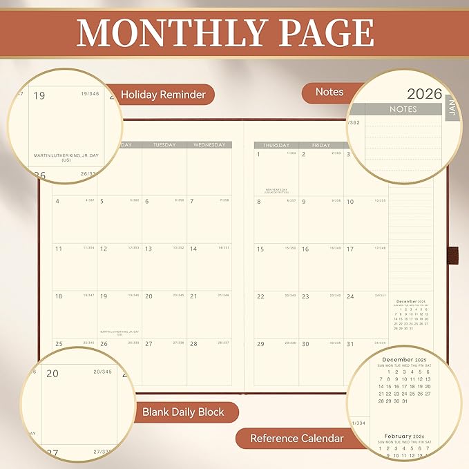 2026 Planner - 2026 Planner Weekly and Monthly, Jan.2026 - Dec.2026, 9" x 11", Weekly Monthly Planner 2026, Calendar Planner with Pen Holder + Elastic Closure + Leather Hardcover +Bookmarks - Brown