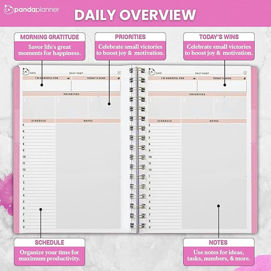 Panda Planner 2025-2026 Undated Daily Planner with Hourly Schedule 5.75" x 8.25" – 90 Days Daily Journal with Spiral Binding – To Do List Notebook with Habit Tracker for Home/Office Supplies – Pink