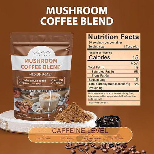 Mushroom Coffee, Organic 6 Mushrooms with Cordyceps, Reish, King Trumpet, Shitake, Turkey Tail, Lions Mane, Instant Coffee Powder for Energy,Focus, Digestion & Immune Support, 30 Servings