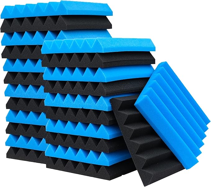24 Pack Acoustic Foam Panels,2" x 12" x 12"Fireproof Soundproof Foam Sound Absorbing Noise Cancelling Panels for Recording Studios, Home, Offices Walls Ceiling(12 blue+12 black)