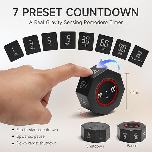 Visual Countdown Timer 1,3,5,15,30,60,90 Minutes Preset, Desk Productivity Cube w/Gravity Sensor for ADHD, Mute Functions, Ideal for Work, Study, Kitchen, Back to School (1, Black)