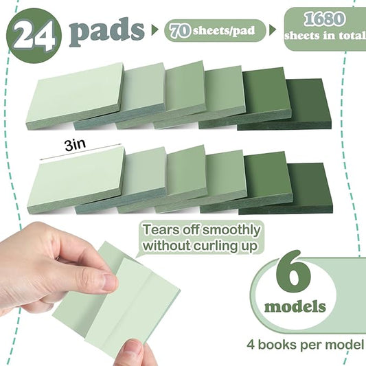 24 Pcs Sage Green Sticky Notes 1680 Sheets Sage Green Office Supplies 3 x 3 Inches Pastel Self Stick Note Pads for Teacher Women Gift Office School Bible Journaling Planner (No Lined)