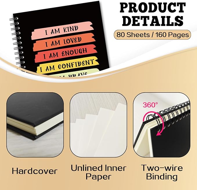 YAZMEEN Inspirational Blank Spiral Notebook(160 Pages) I am Kind I am Loved Hardcover Sketchbook Positive Gifts Funny Motivational Gifts Notebook for Women Men Teen Teacher Student Colleague Friend