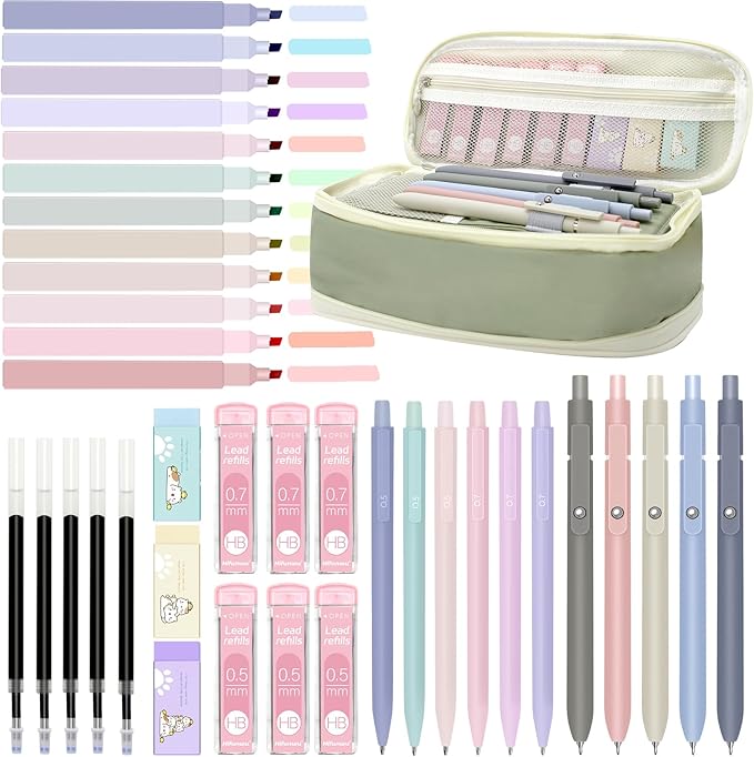 Hifunwu 38 PCS Aesthetic School Supplies with Big Pen Case, 5 Black Ink Gel Pens, 12 Pastel Highlighters, 6 Mechanical Pencils Set 0.5 & 0.7 mm for Students Back to School