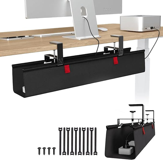 KEEGH No Drill Under Desk Cable Management Tray - 28" Cord Management Under Desk - Clamp/Screw Mount - Support Upto 70lbs - Fabric Wire Management - Gaming/PC Cable Tray Cord Hiders for Office/Home