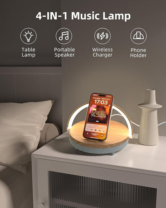 EZVALO Birthday Gifts for Women, Music Table Lamp with Wireless Charger, 4 in 1 Touch Bedside Lamp, Bluetooth Speaker, Phone Holder, Dimmable LED Night Lights Birthday Gifts for Women, Men, Dad, Mom