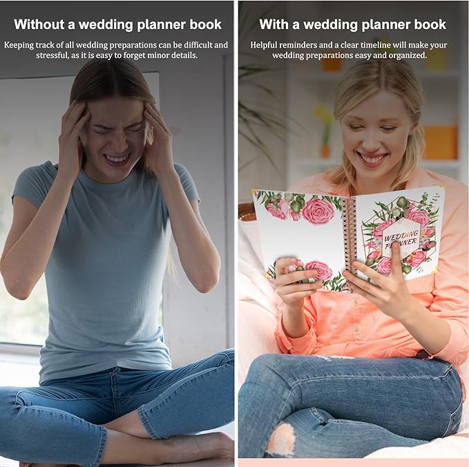 Wedding Planner For Bride-Bridal Wedding Planning binder With 5 Tabbed Sections+Wedding Countdown Calendar,Unique Engagement Gifts For Couples,White Rose