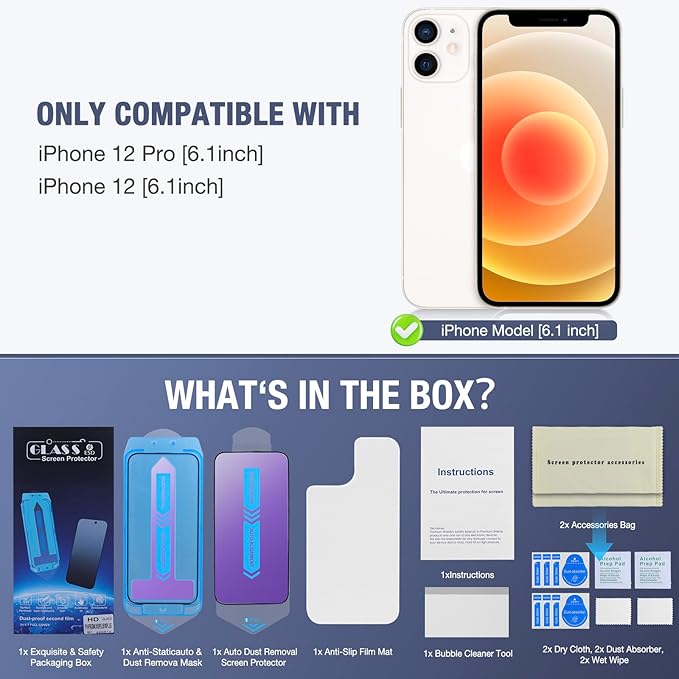 2-Pack Anti Blue Light Matte Screen Protector for iPhone 12 Pro/iPhone 12, 9H Tempered Glass, Full Coverage, Anti-Fingerprint, Auto Dust-Elimination, No Bubble, Easy Installation