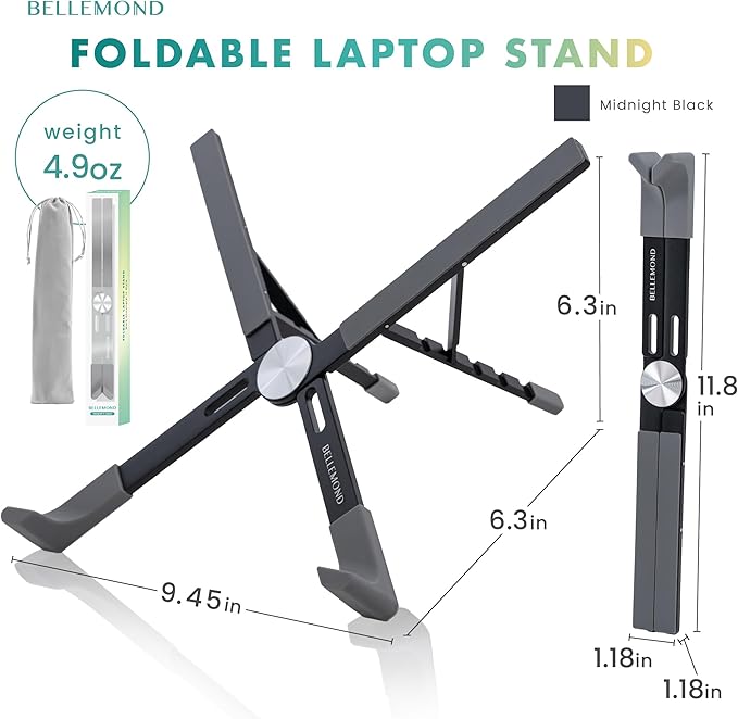 BELLEMOND | Adjustable Laptop Stand – Lightweight Aluminum Riser with 5 Height Levels | Foldable, Ventilated X-Frame Design | Designed in Japan | Fits Laptops & Tablets up to 17.3” | Midnight Black