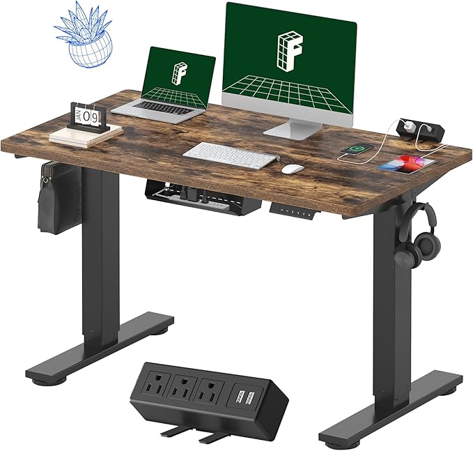 FLEXISPOT EN2 Whole-Piece Standing Desk with Clamp Power Strip, 48 x 24'' Electric Stand Up Height Adjustable Desk with Cable Management (Black Frame + 48" Rustic Brown Desktop, 2 Packages)