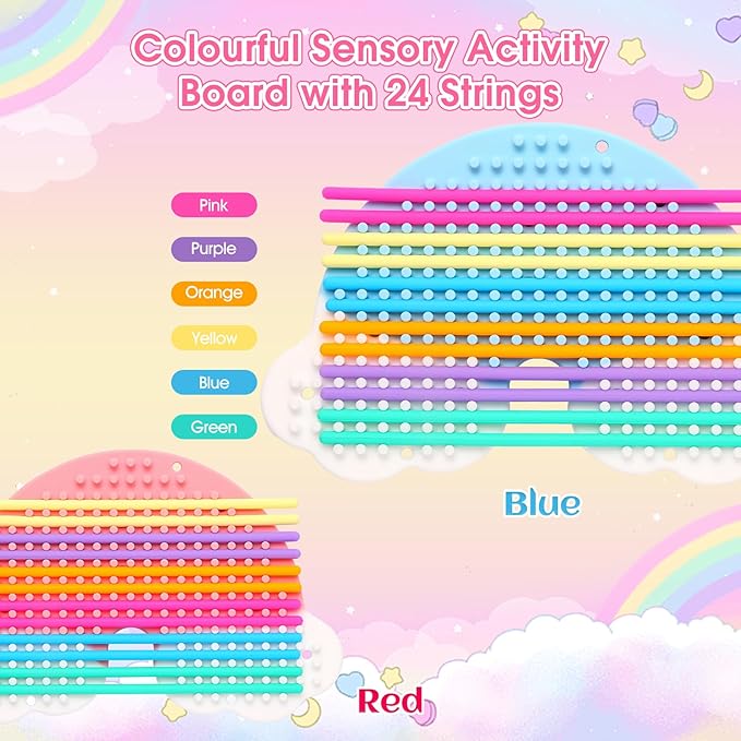 2pcs Fidget Toys Sensory Activity Board, Silicone Sensory Toys for Anxiety Autistic ADHD Calming, Kids 3+ & Adults, Travel Bag & 24 Strings, Rainbow (Pink & Blue)
