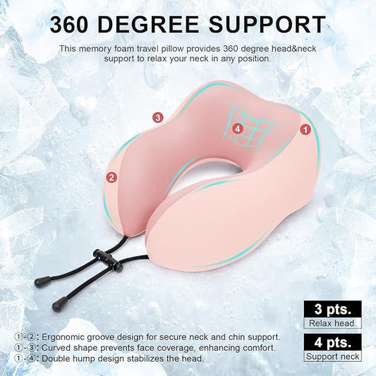 Travel Pillow for Airplane Memory Foam Neck Pillow, Soft & Support Travel Pillow with Storage Bag for Travelling, Sleeping Rest, Car, Train and Home Use (Pink)