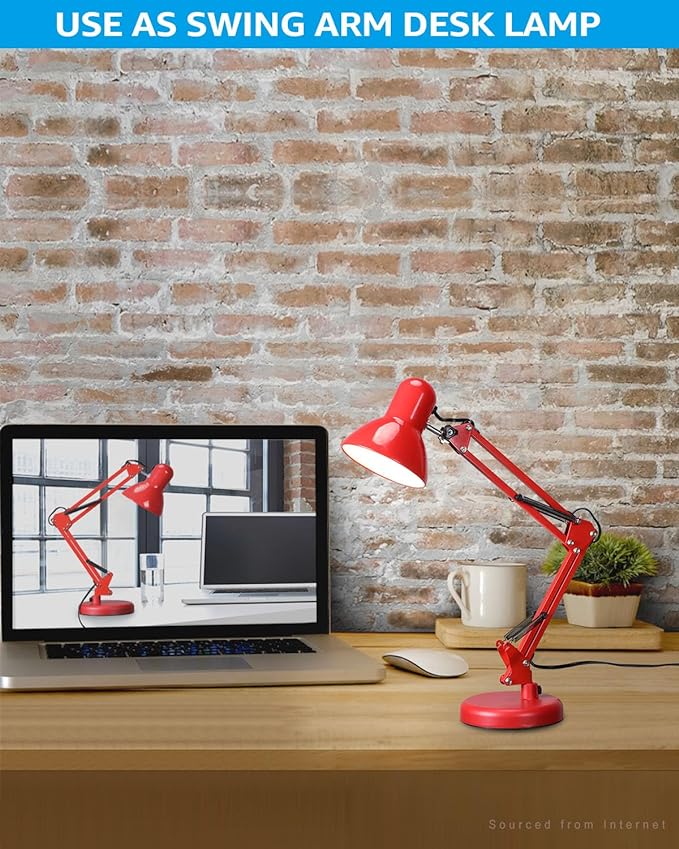 TORCHSTAR Metal Desk Lamp with Clamp, Swing Arm, Architect Adjustable Gooseneck Table Lamp, Clip Desk Lights for Home Office, Work, Study, Reading, E26 Base, Multi-Joint, Red