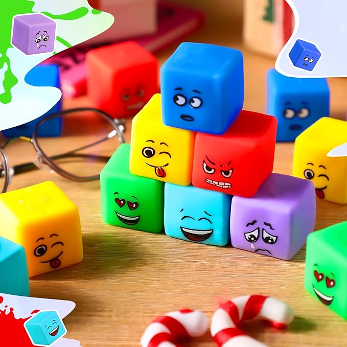 Meooeck 24 Pcs Fidget Toy Stress Cube Slow Rising Square Cube Squeeze Fidget Toys Stress Balls for Adults with Emoticons Face for Party Office Christmas Stocking Stuffer Gift ADHD Autism Anxiety