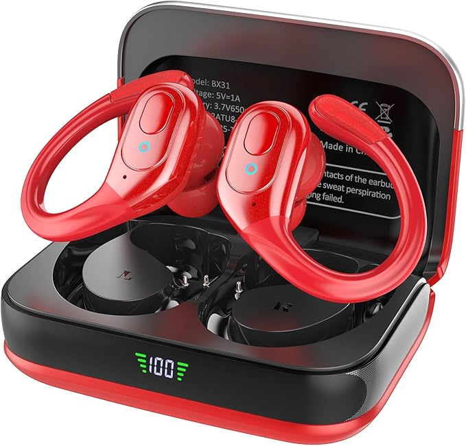 Wireless Earbuds Bluetooth 5.4 Headphones, Noise Canceling Ear Buds with 75hr Playtime, LED Power Display, IPX7 Waterproof Earphones Over-Ear Earphones for Sports/Workouts - Red