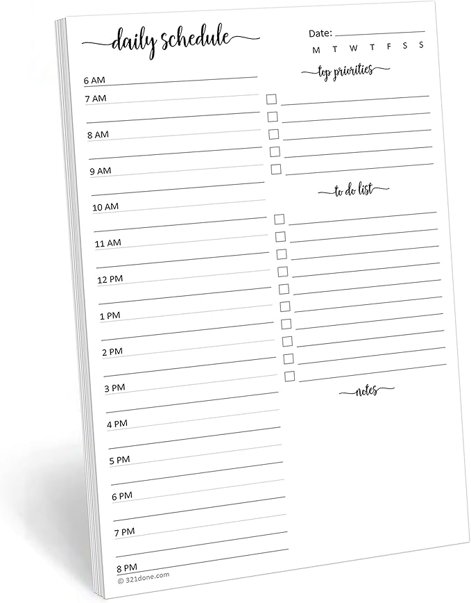 321Done Daily Schedule Planning Notepad - 50 Sheets (5.5x8.5) – Hourly Appointment Daily Planner To Do Checklist Tear-Off Note Pad - Made in USA - Simple Script Half-Letter Small Size