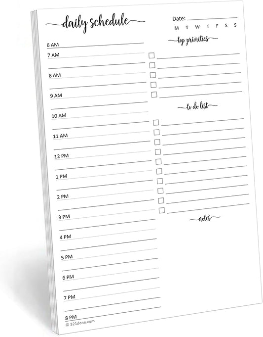 321Done Daily Schedule Planning Notepad - 50 Sheets (5.5x8.5) – Hourly Appointment Daily Planner To Do Checklist Tear-Off Note Pad - Made in USA - Simple Script Half-Letter Small Size