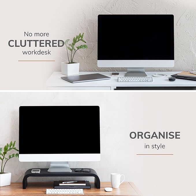 Anji Mountain Wood Monitor Stand Riser Desk Desktop Organizer Table for Home, Office Workspace, Laptop Riser, Ergonomic Design Stand for Gaming Setup, Black