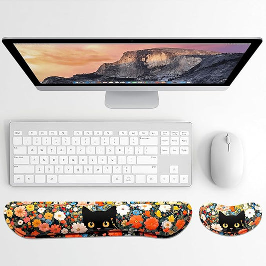 Dapesuom Enlarge Keyboard Wrist Rest, Memory Foam Wrist Cushion for Desk Mats Support, Typing Pain Relief Keyboard Mouse Pad Rests Set with Non-Slip Base for Gaming Laptop Computer, Cat Flower Bush