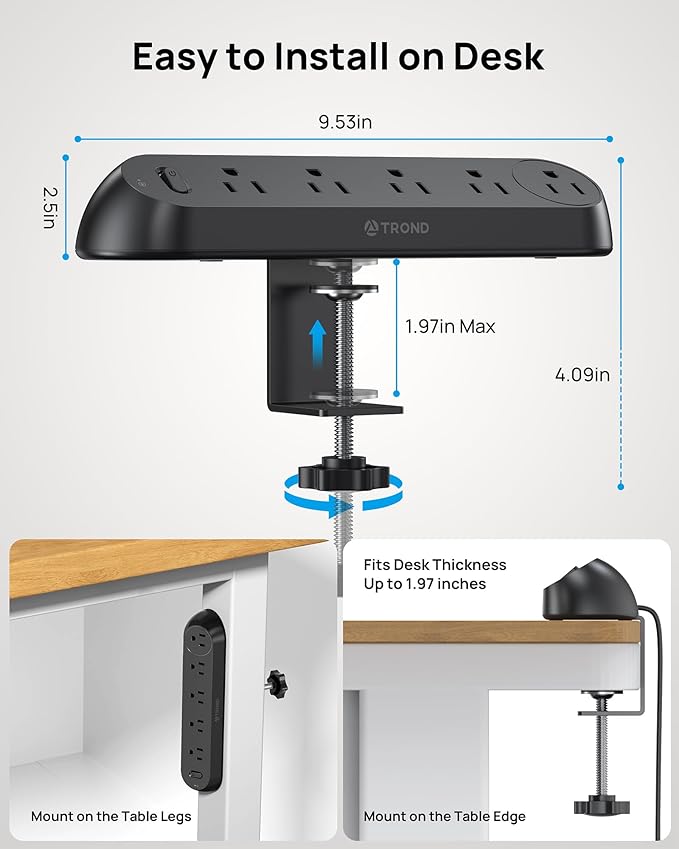 TROND Desk Clamp Power Strip - Surge Protector Power Strip with 5 AC Outlets, Flat Plug 6ft Extension Cord, 1700J, ETL Listed, Fits 1.97 inch Tabletop Edge, for Home Office Desk Accessories, Black