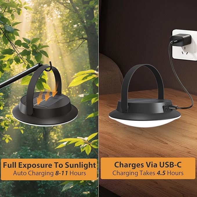 Dual-Power LED Desk Lamp with Clamp, Solar/USB Charging Desk Lamps with Metal Adjustable Swing Arm,Dimmable Eye-Caring Clip Lights with Removable Bulb for Dining/Home Office/Camping/RV Interior(Black)