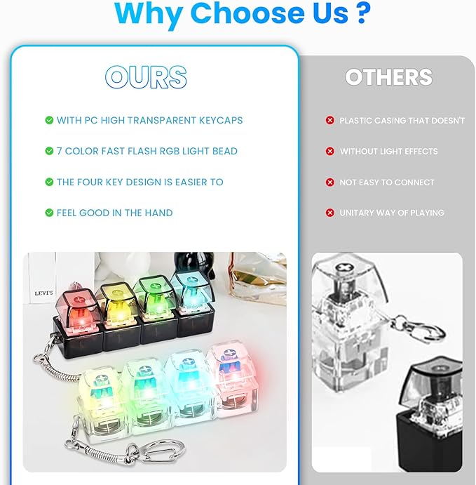 2 Pcs Keyboard Fidget Toy, Fidget Keychain Keyboard with LED Lights, Stress Relief Clicker Fidget Keyboard, Decompression Squeeze Toy for Library Office Home