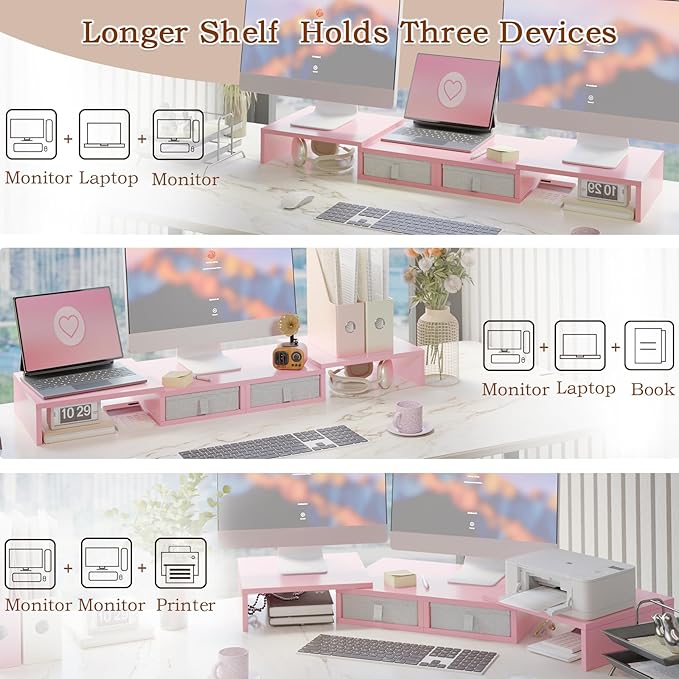 TEAMIX Pink Dual Monitor Stand Riser - Length and Angle Adjustable Monitor Stand with 2 Drawers to Storage Large Computer Riser for 2 Monitors/Laptop/PC, Wood Screen/TV Stand Desk Organizer (Pink)