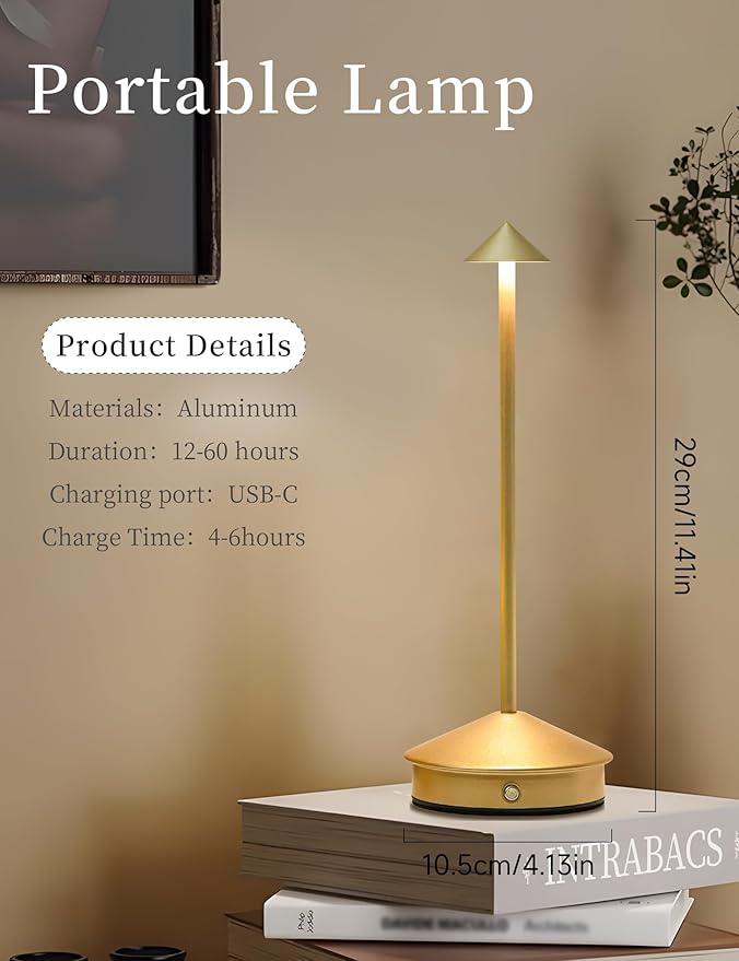 Cordless Table Lamps,LED Rechargeable Desk Lamp,Portable Modern USB Battery Operated Lights,Outdoor Waterproof Touch Dimmable,for Patio,Restaurant,Bar,Camping,Dining Home Set of 2 Gold
