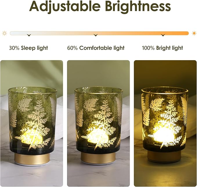 Eywamage Battery Operated Glass Table Lamp, Boho Green Ferns Leaves Mood Light with Remote, Cordless Bedside Accent Lamp Room Decor